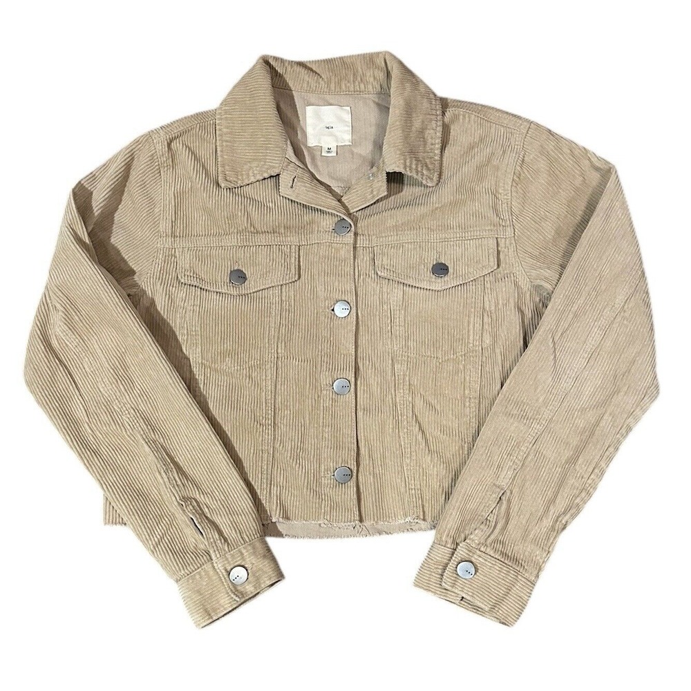TGLA Beige Corduroy Cropped Crop Button Front Ribbed Jacket Womens Size M